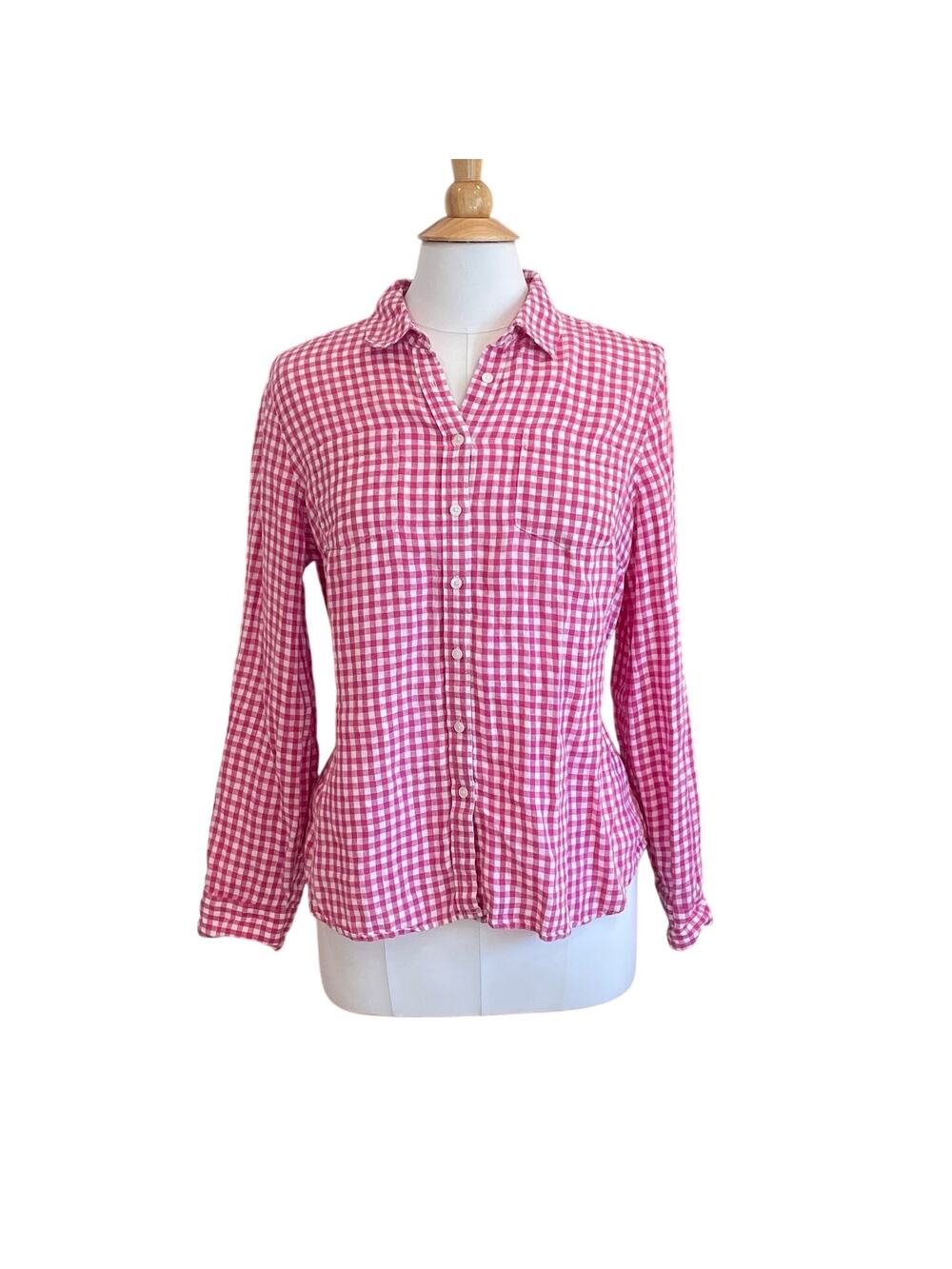 Talbots Red/Pink Gingham Linen Button Down Roll Tab Long Sleeve Shirt, Size LP